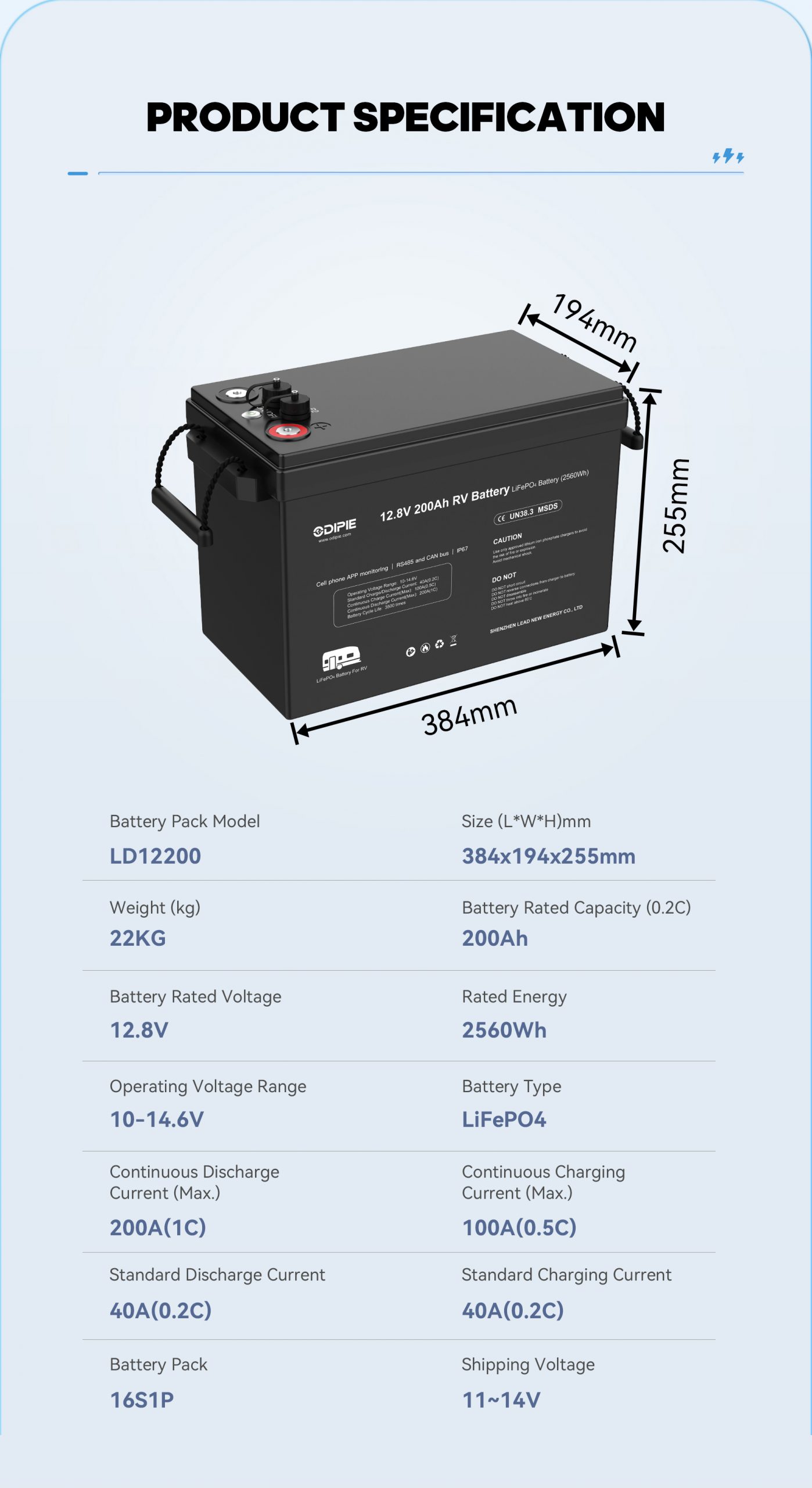 Odipie RV LiFePO4 battery